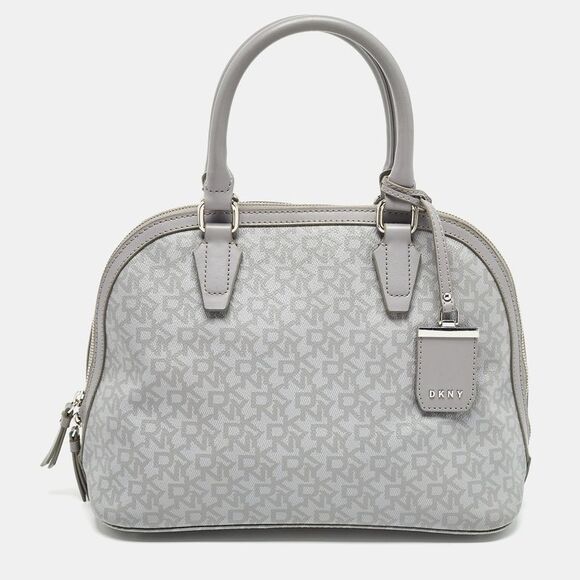 Dkny Grey Signature Coated Canvas And Leather Dome Satchel